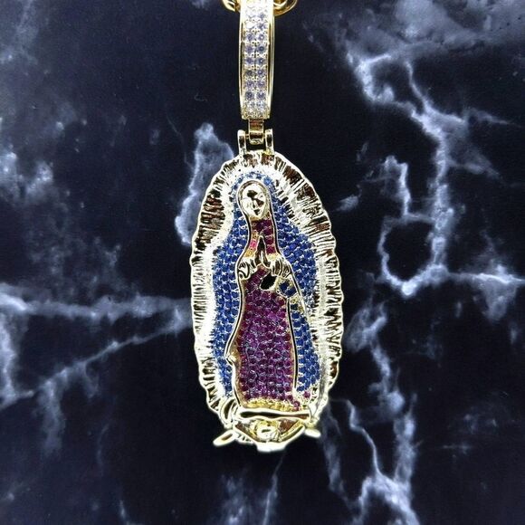 24"Franco Chain + 14K Gold Finish Holy Mary - Picture 1 of 12